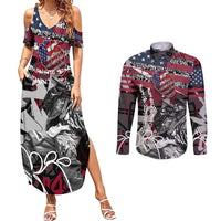 Hip Hop Graffiti Couples Matching Summer Maxi Dress and Long Sleeve Button Shirt with Rapper Portrait and American Flag Street Art - Wonder Print Shop