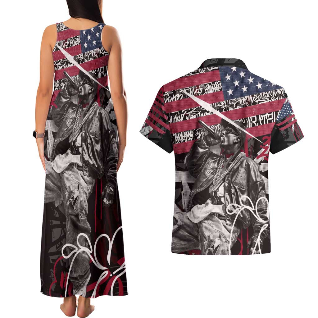 Hip Hop Graffiti Couples Matching Tank Maxi Dress and Hawaiian Shirt with Rapper Portrait and American Flag Street Art - Wonder Print Shop