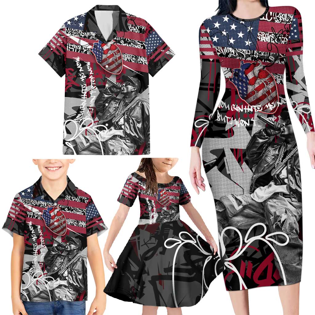 Hip Hop Graffiti Family Matching Long Sleeve Bodycon Dress and Hawaiian Shirt with Rapper Portrait and American Flag Street Art - Wonder Print Shop
