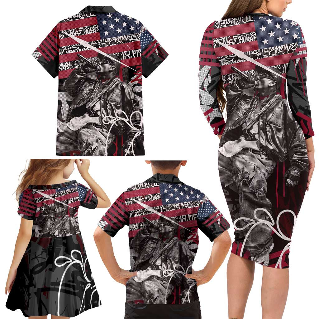 Hip Hop Graffiti Family Matching Long Sleeve Bodycon Dress and Hawaiian Shirt with Rapper Portrait and American Flag Street Art - Wonder Print Shop