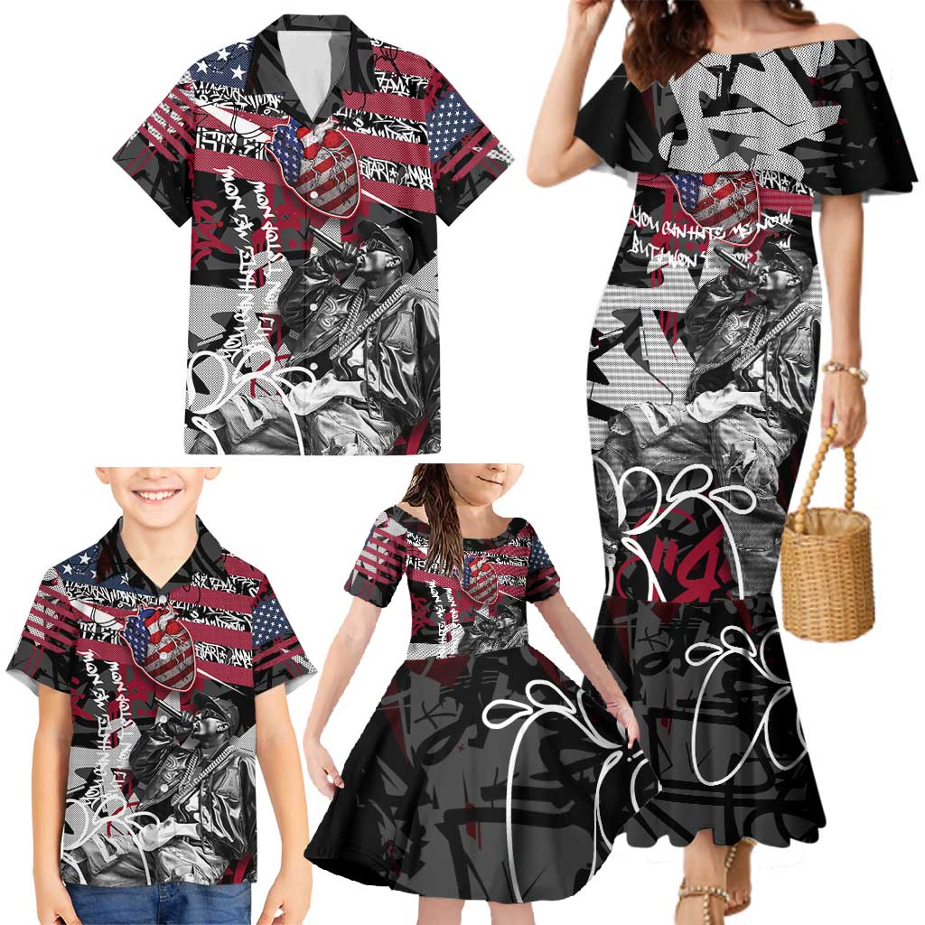 Hip Hop Graffiti Family Matching Mermaid Dress and Hawaiian Shirt with Rapper Portrait and American Flag Street Art - Wonder Print Shop
