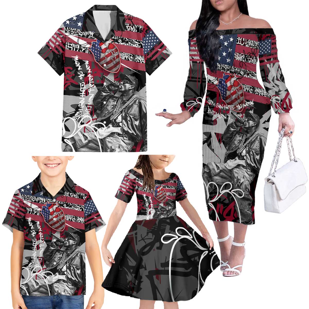 Hip Hop Graffiti Family Matching Off The Shoulder Long Sleeve Dress and Hawaiian Shirt with Rapper Portrait and American Flag Street Art - Wonder Print Shop