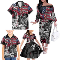 Hip Hop Graffiti Family Matching Off The Shoulder Long Sleeve Dress and Hawaiian Shirt with Rapper Portrait and American Flag Street Art - Wonder Print Shop