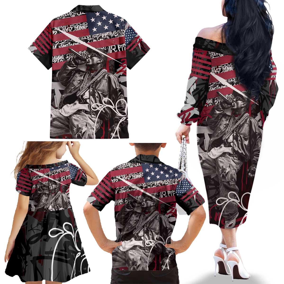 Hip Hop Graffiti Family Matching Off The Shoulder Long Sleeve Dress and Hawaiian Shirt with Rapper Portrait and American Flag Street Art - Wonder Print Shop