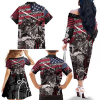 Hip Hop Graffiti Family Matching Off The Shoulder Long Sleeve Dress and Hawaiian Shirt with Rapper Portrait and American Flag Street Art - Wonder Print Shop