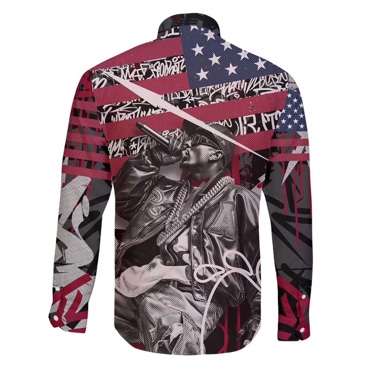 Hip Hop Graffiti Family Matching Off The Shoulder Long Sleeve Dress and Hawaiian Shirt with Rapper Portrait and American Flag Street Art - Wonder Print Shop