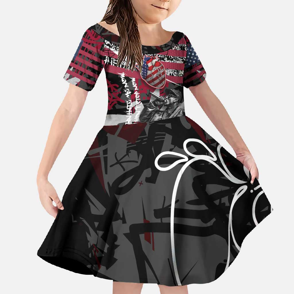 Hip Hop Graffiti Family Matching Off Shoulder Maxi Dress and Hawaiian Shirt with Rapper Portrait and American Flag Street Art - Wonder Print Shop