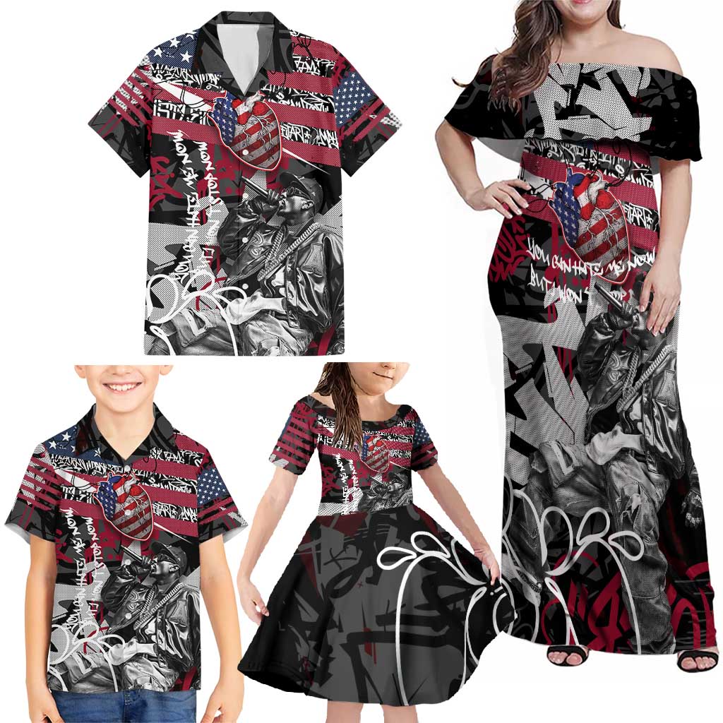 Hip Hop Graffiti Family Matching Off Shoulder Maxi Dress and Hawaiian Shirt with Rapper Portrait and American Flag Street Art - Wonder Print Shop
