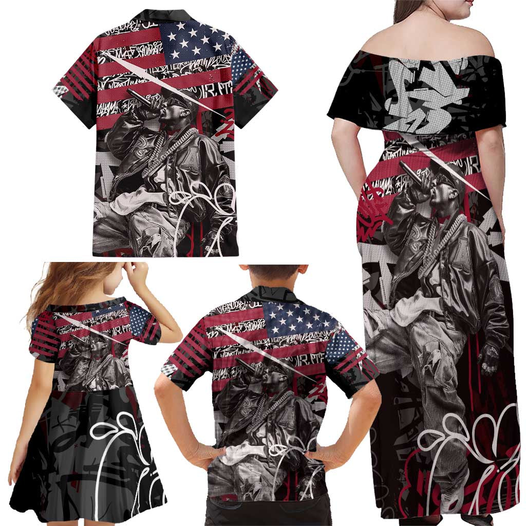 Hip Hop Graffiti Family Matching Off Shoulder Maxi Dress and Hawaiian Shirt with Rapper Portrait and American Flag Street Art - Wonder Print Shop
