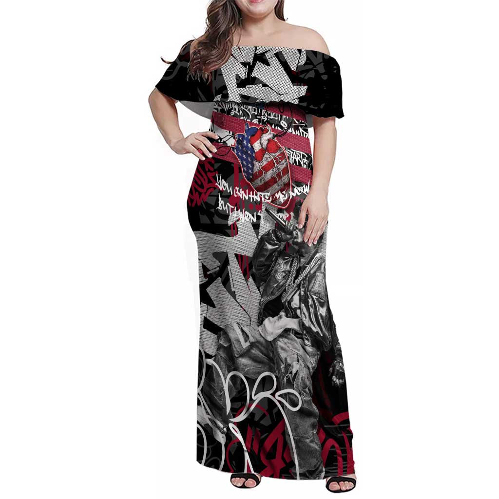 Hip Hop Graffiti Family Matching Off Shoulder Maxi Dress and Hawaiian Shirt with Rapper Portrait and American Flag Street Art - Wonder Print Shop