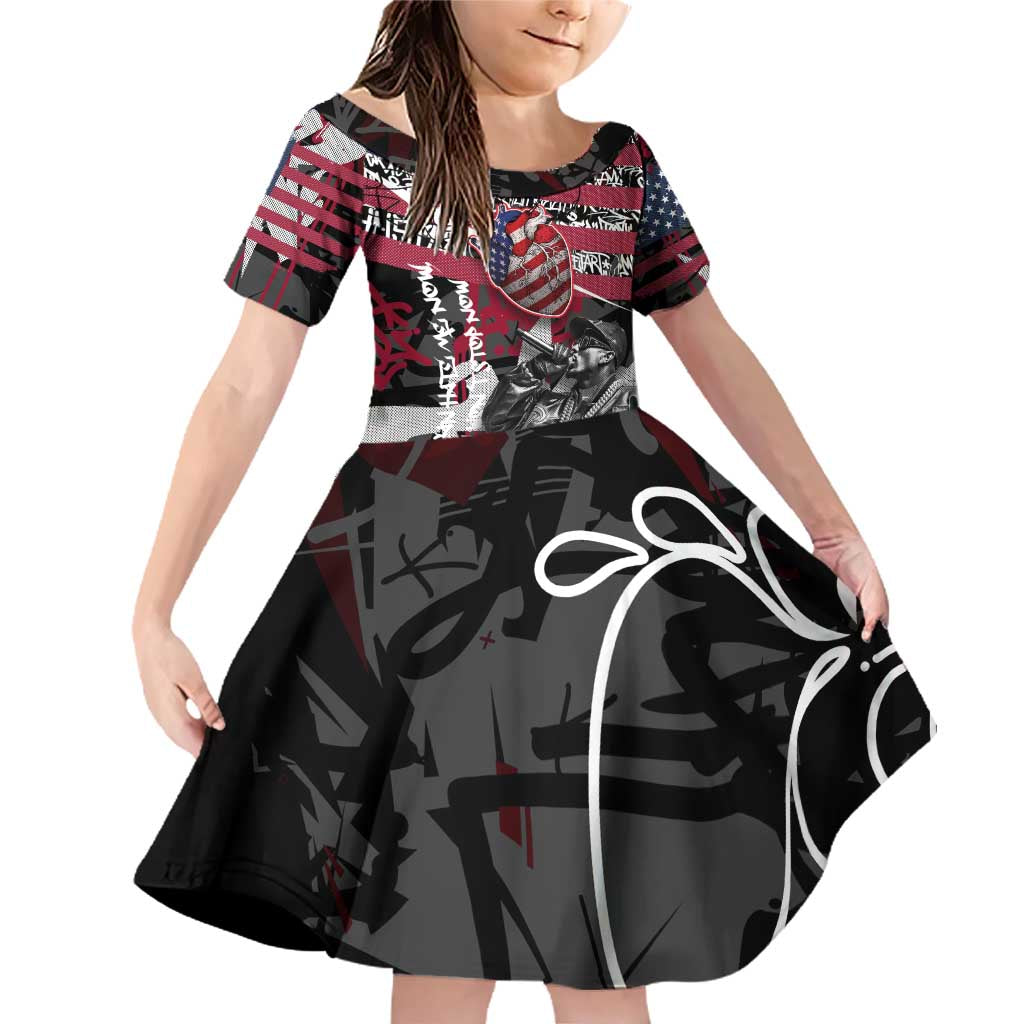 Hip Hop Graffiti Family Matching Off Shoulder Short Dress and Hawaiian Shirt with Rapper Portrait and American Flag Street Art - Wonder Print Shop