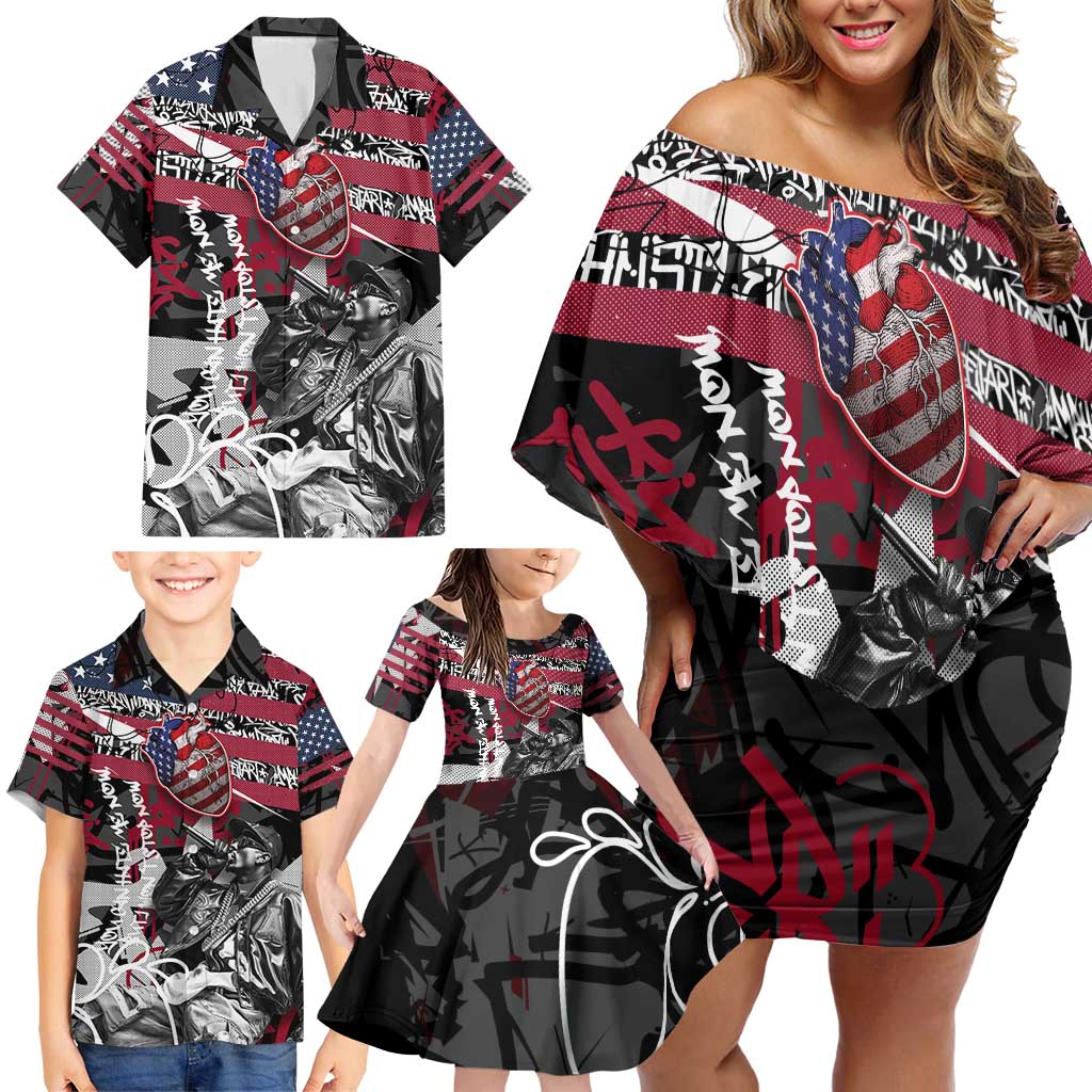 Hip Hop Graffiti Family Matching Off Shoulder Short Dress and Hawaiian Shirt with Rapper Portrait and American Flag Street Art - Wonder Print Shop