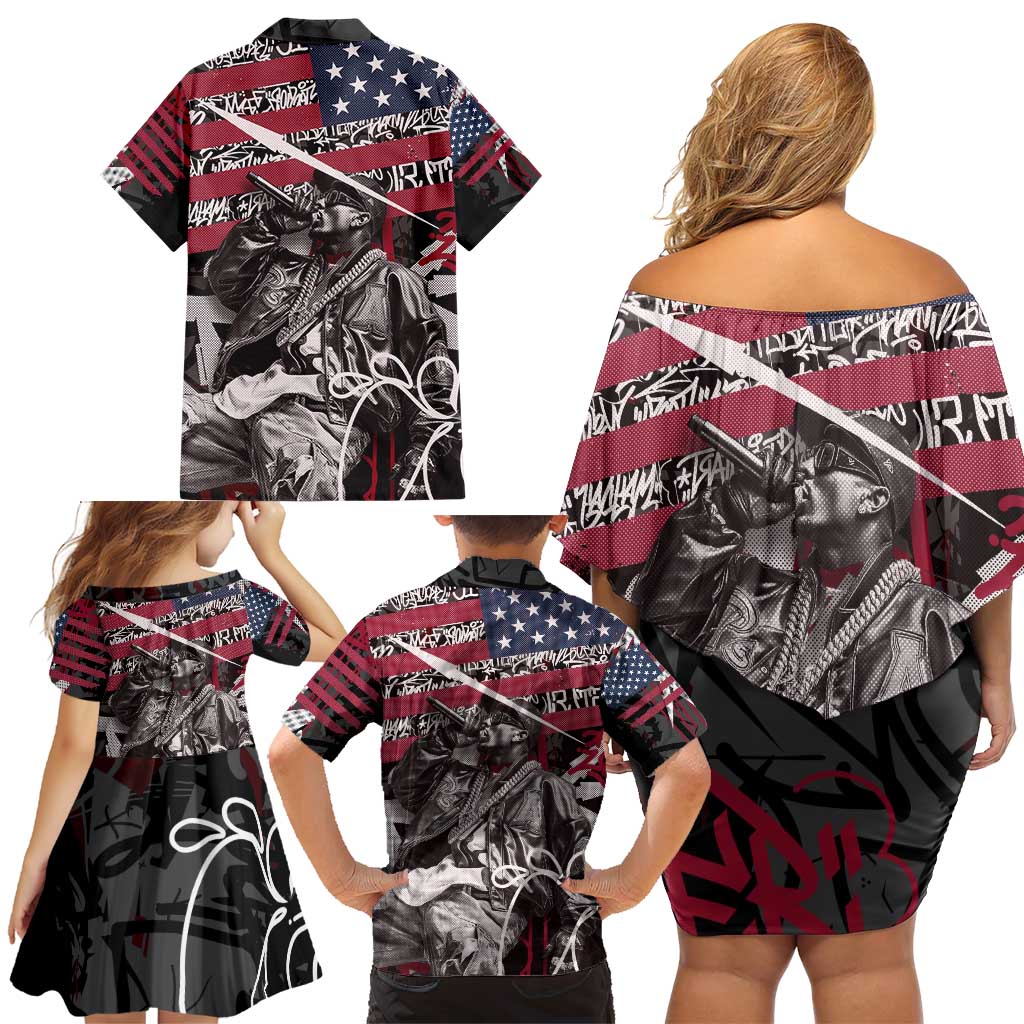 Hip Hop Graffiti Family Matching Off Shoulder Short Dress and Hawaiian Shirt with Rapper Portrait and American Flag Street Art - Wonder Print Shop