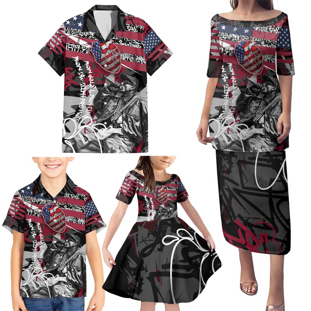 Hip Hop Graffiti Family Matching Puletasi and Hawaiian Shirt with Rapper Portrait and American Flag Street Art - Wonder Print Shop