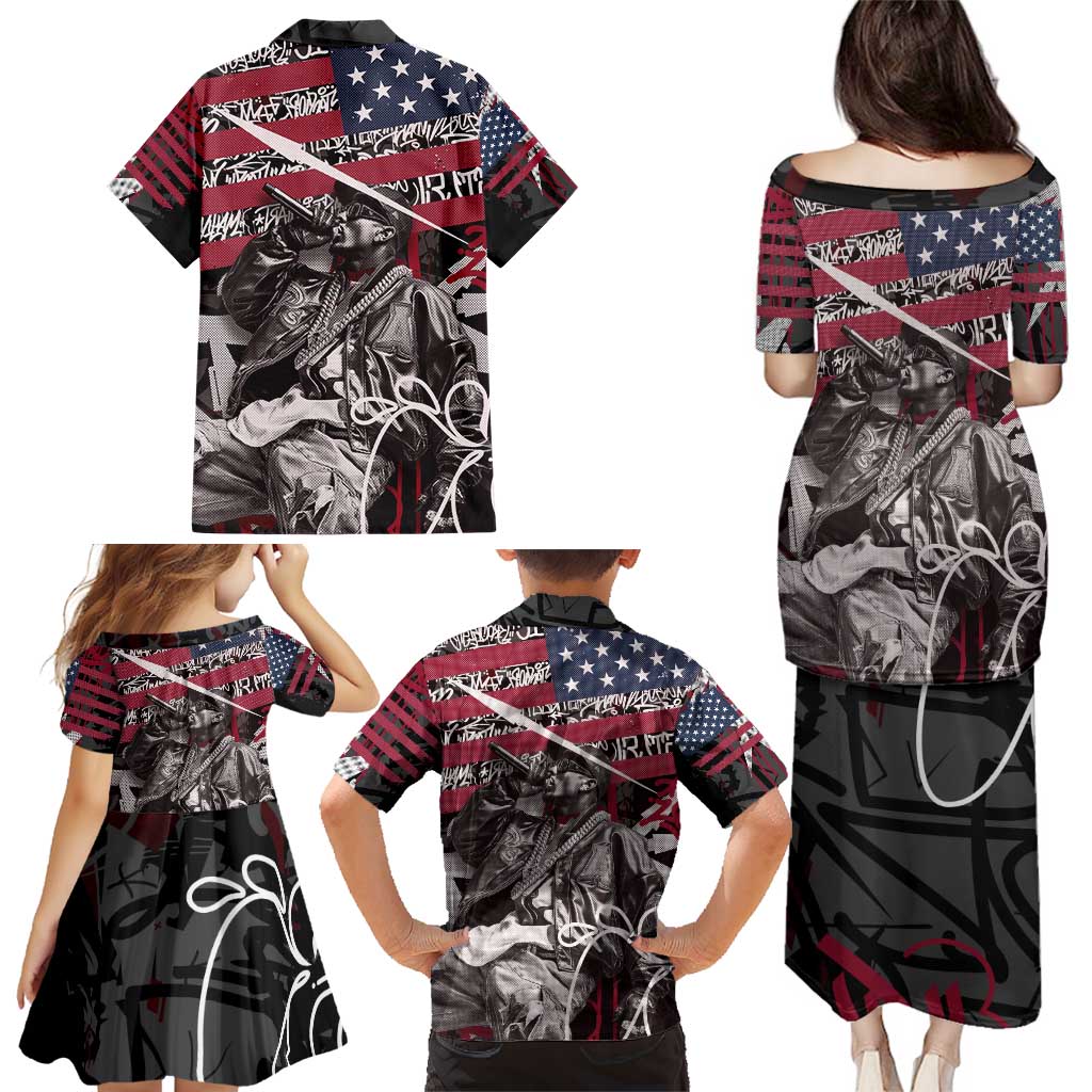 Hip Hop Graffiti Family Matching Puletasi and Hawaiian Shirt with Rapper Portrait and American Flag Street Art - Wonder Print Shop