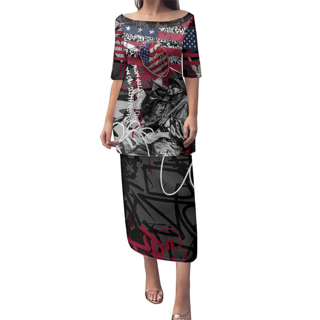Hip Hop Graffiti Family Matching Puletasi and Hawaiian Shirt with Rapper Portrait and American Flag Street Art - Wonder Print Shop
