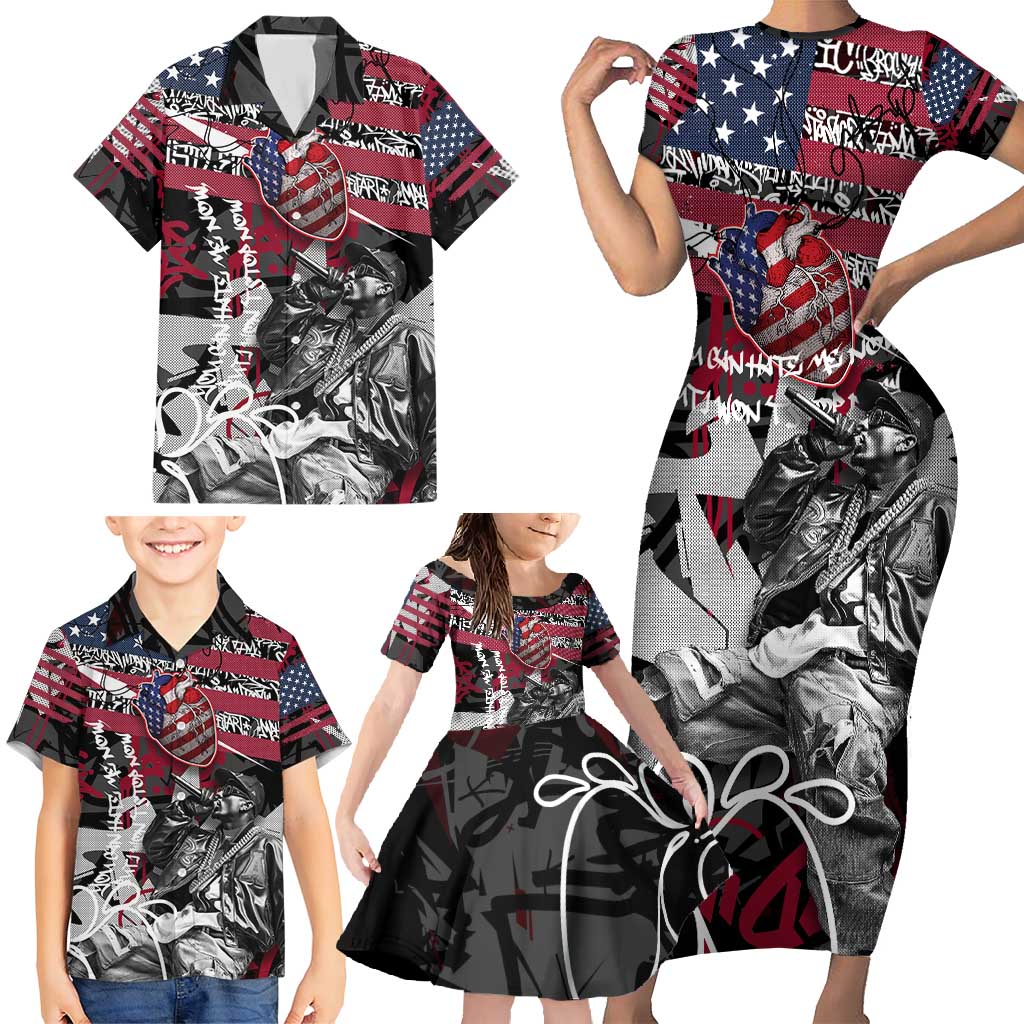 Hip Hop Graffiti Family Matching Short Sleeve Bodycon Dress and Hawaiian Shirt with Rapper Portrait and American Flag Street Art - Wonder Print Shop