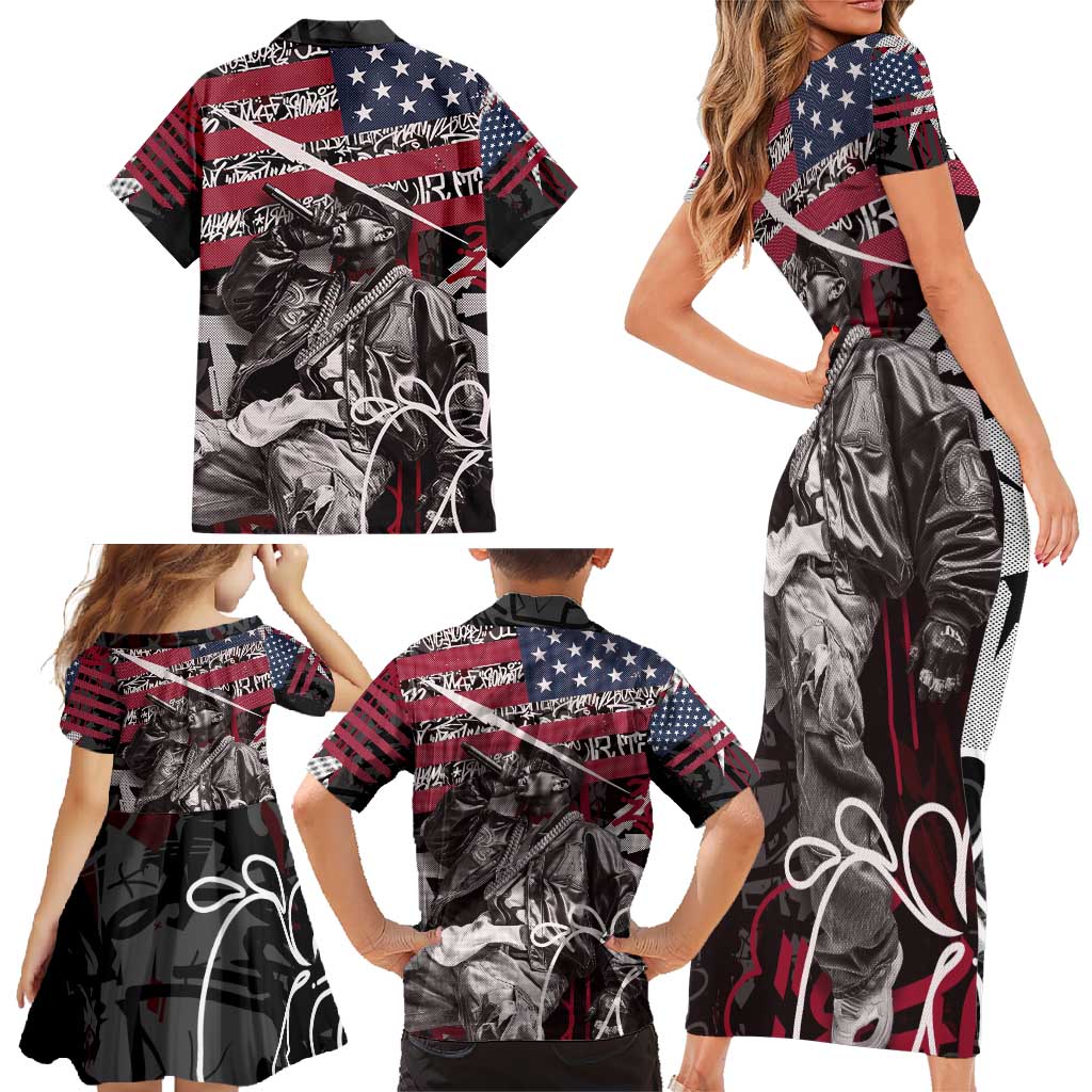 Hip Hop Graffiti Family Matching Short Sleeve Bodycon Dress and Hawaiian Shirt with Rapper Portrait and American Flag Street Art - Wonder Print Shop
