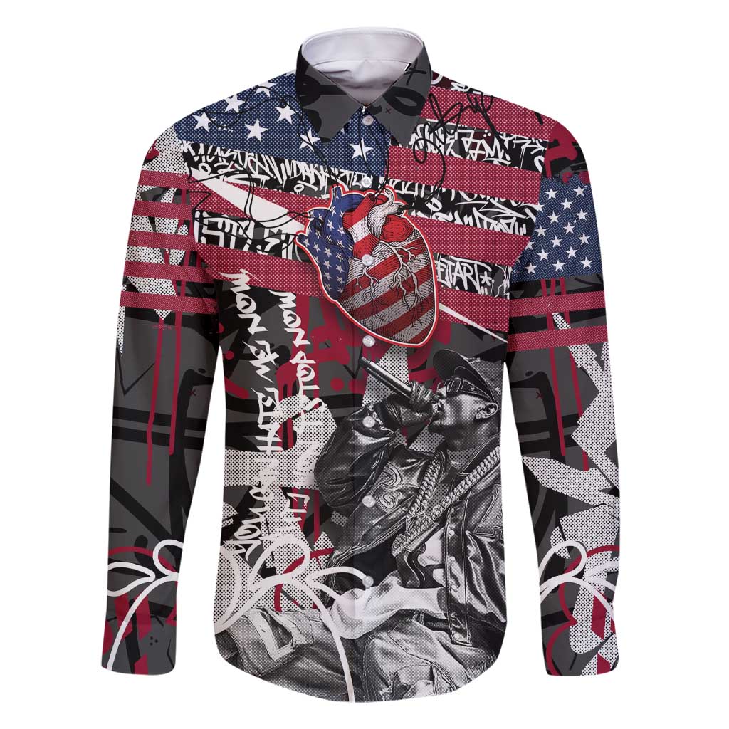 Hip Hop Graffiti Family Matching Short Sleeve Bodycon Dress and Hawaiian Shirt with Rapper Portrait and American Flag Street Art - Wonder Print Shop