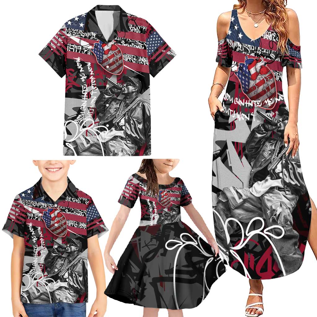 Hip Hop Graffiti Family Matching Summer Maxi Dress and Hawaiian Shirt with Rapper Portrait and American Flag Street Art - Wonder Print Shop