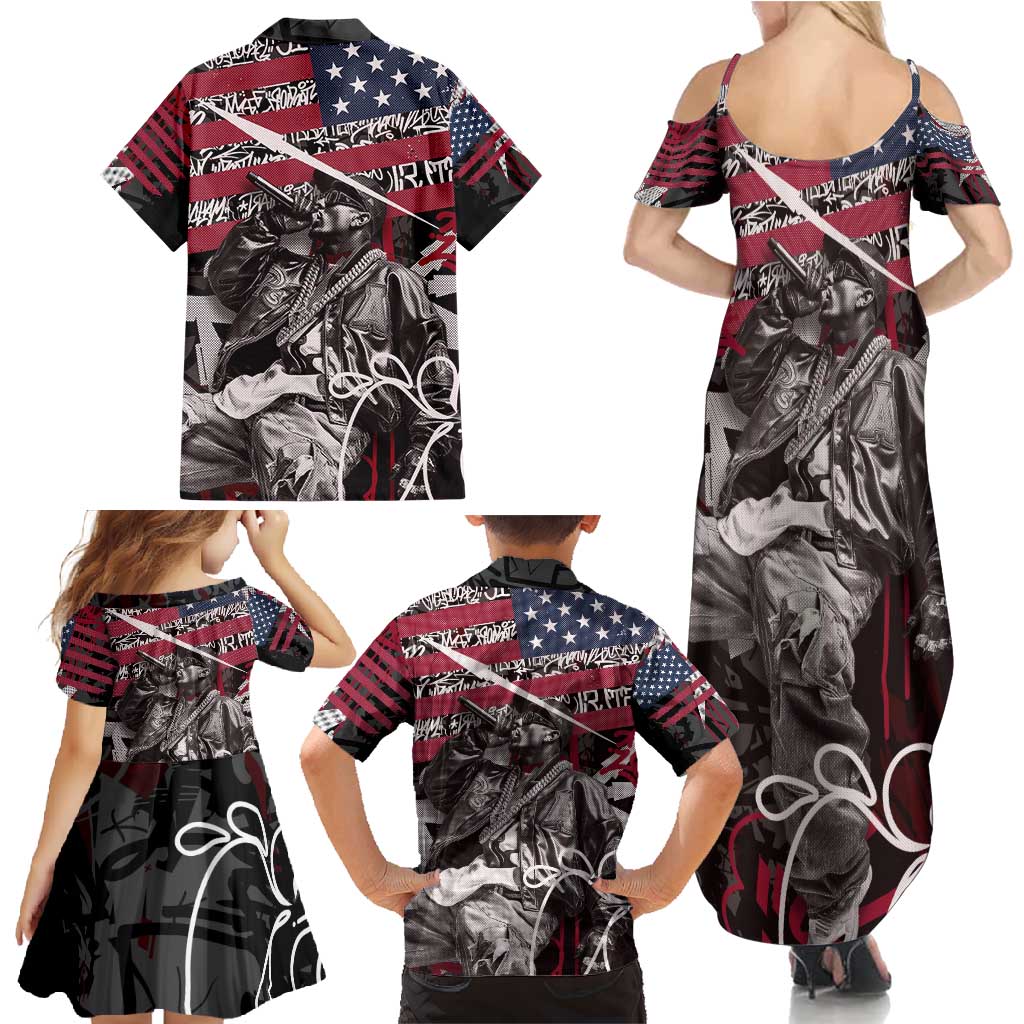 Hip Hop Graffiti Family Matching Summer Maxi Dress and Hawaiian Shirt with Rapper Portrait and American Flag Street Art - Wonder Print Shop