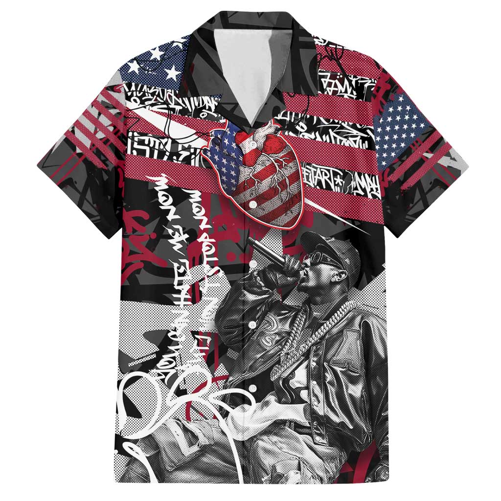 Hip Hop Graffiti Family Matching Summer Maxi Dress and Hawaiian Shirt with Rapper Portrait and American Flag Street Art - Wonder Print Shop