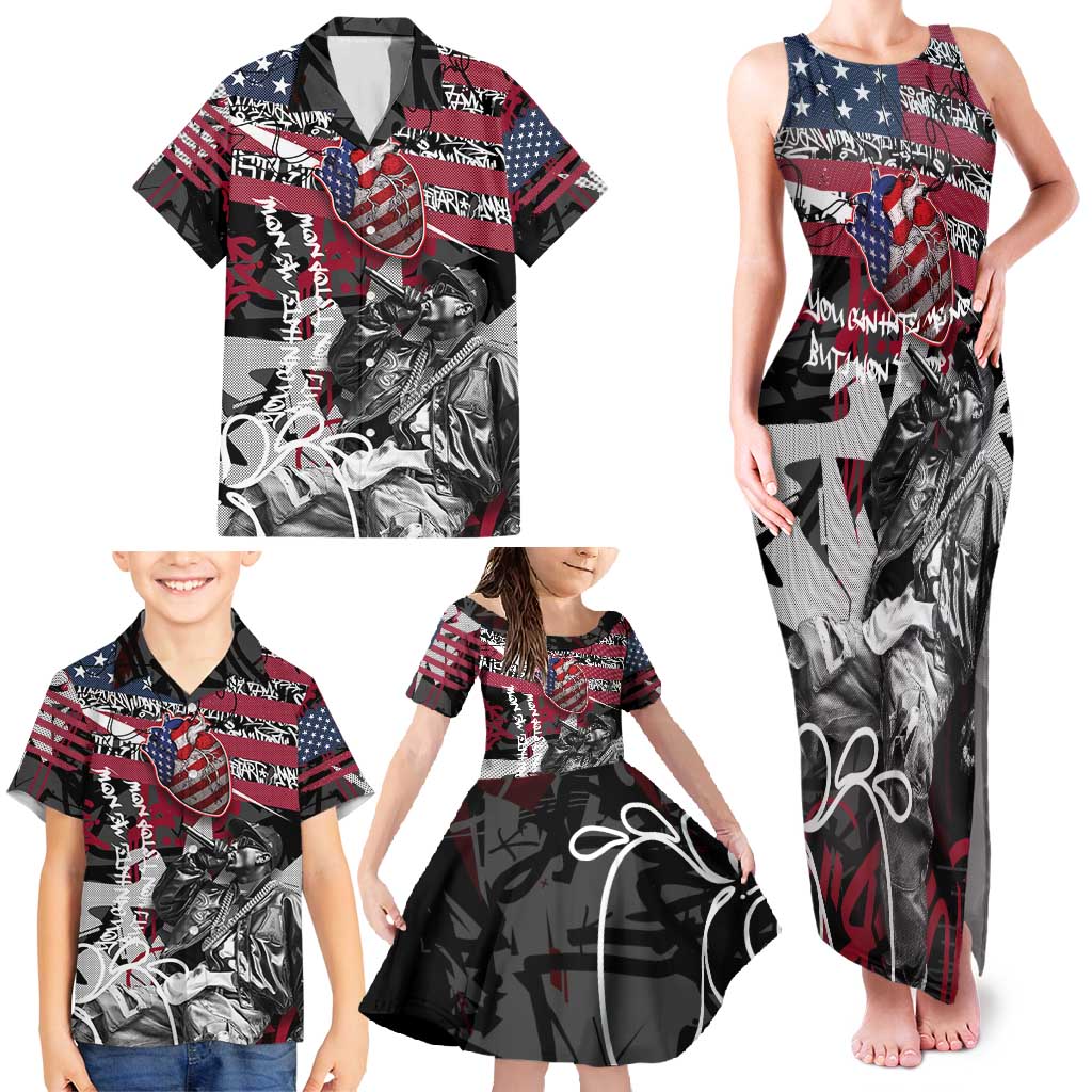 Hip Hop Graffiti Family Matching Tank Maxi Dress and Hawaiian Shirt with Rapper Portrait and American Flag Street Art - Wonder Print Shop