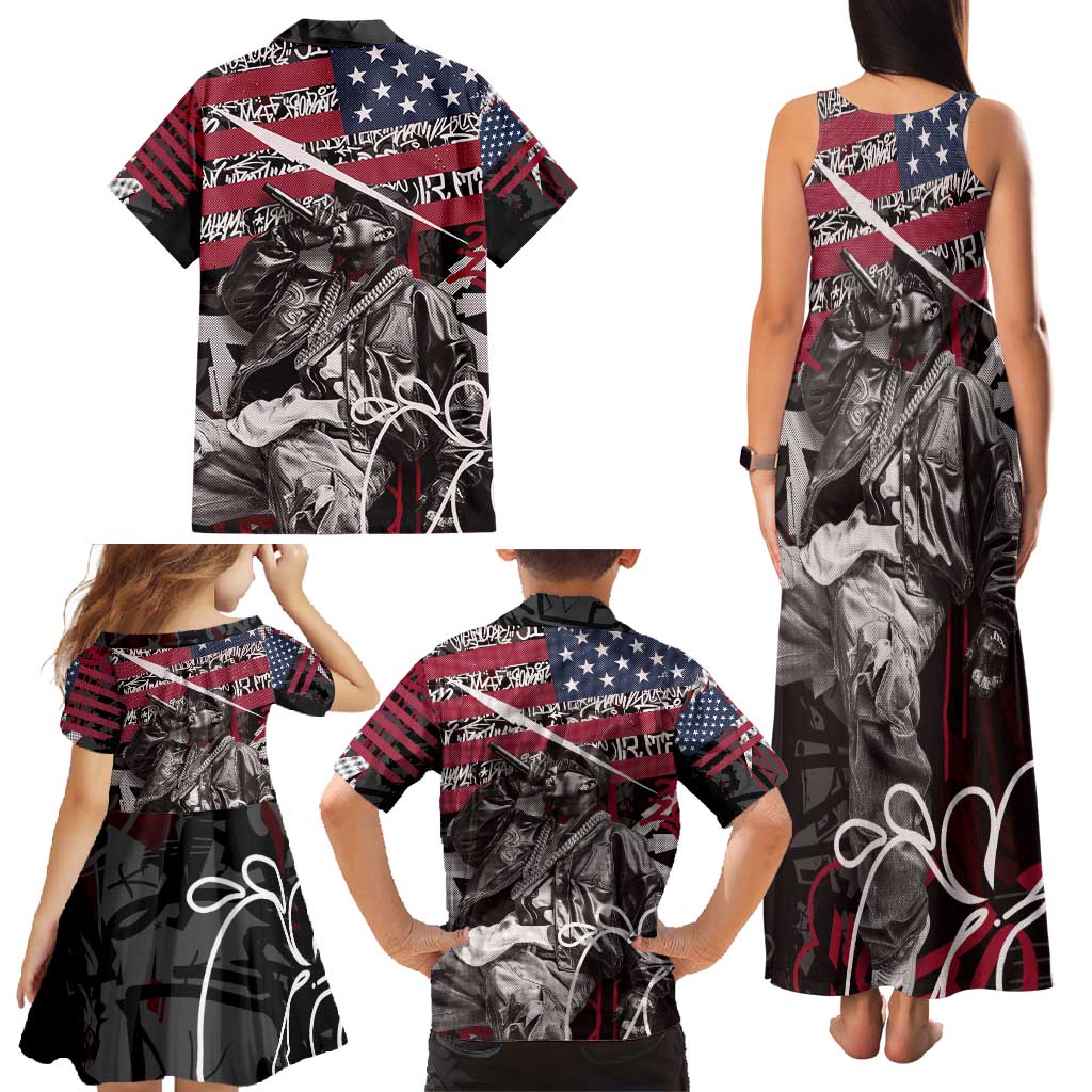 Hip Hop Graffiti Family Matching Tank Maxi Dress and Hawaiian Shirt with Rapper Portrait and American Flag Street Art - Wonder Print Shop