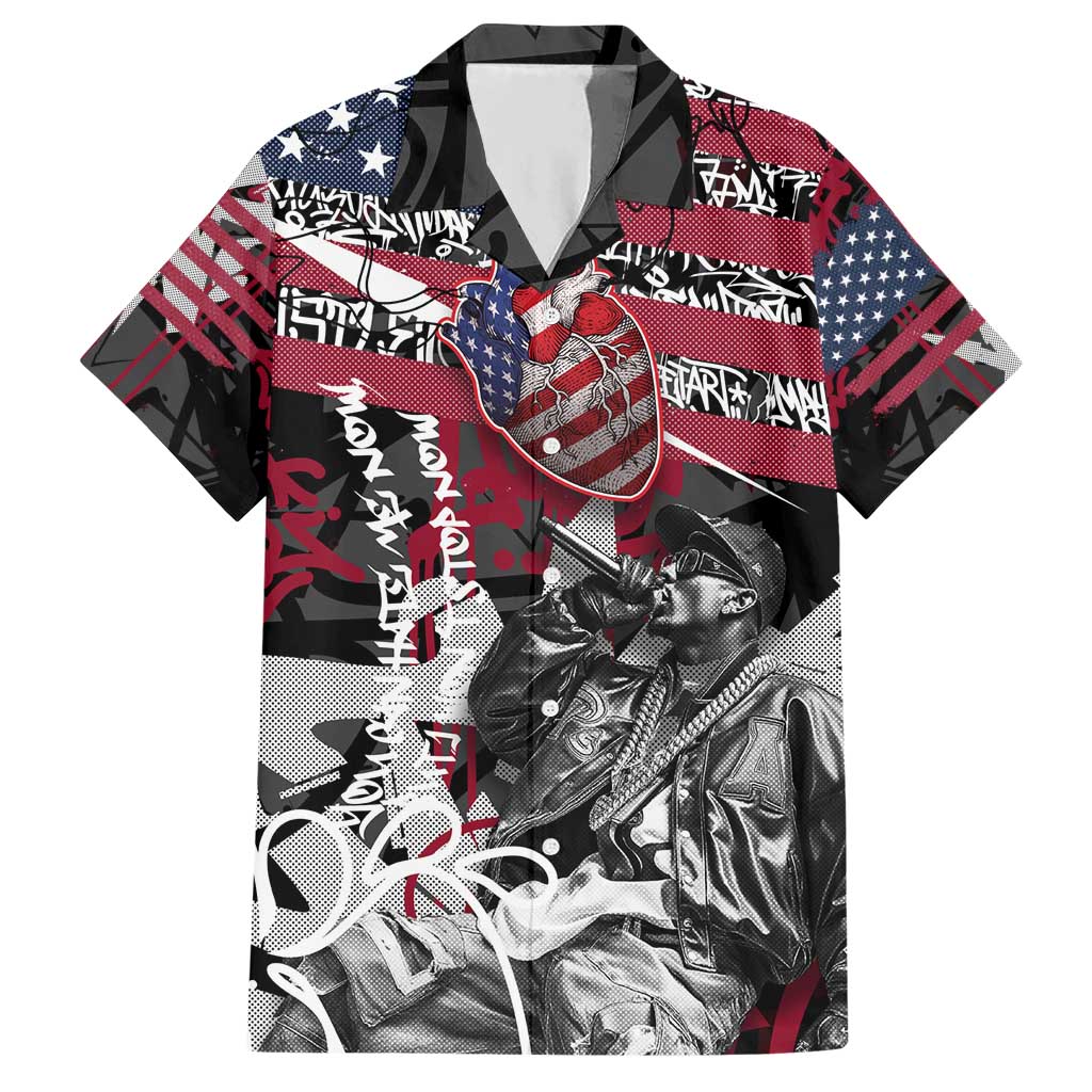 Hip Hop Graffiti Hawaiian Shirt with Rapper Portrait and American Flag Street Art - Wonder Print Shop