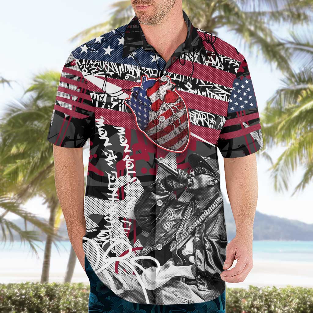 Hip Hop Graffiti Hawaiian Shirt with Rapper Portrait and American Flag Street Art - Wonder Print Shop