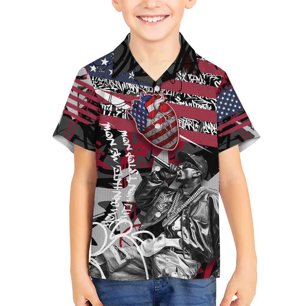 Hip Hop Graffiti Hawaiian Shirt with Rapper Portrait and American Flag Street Art - Wonder Print Shop