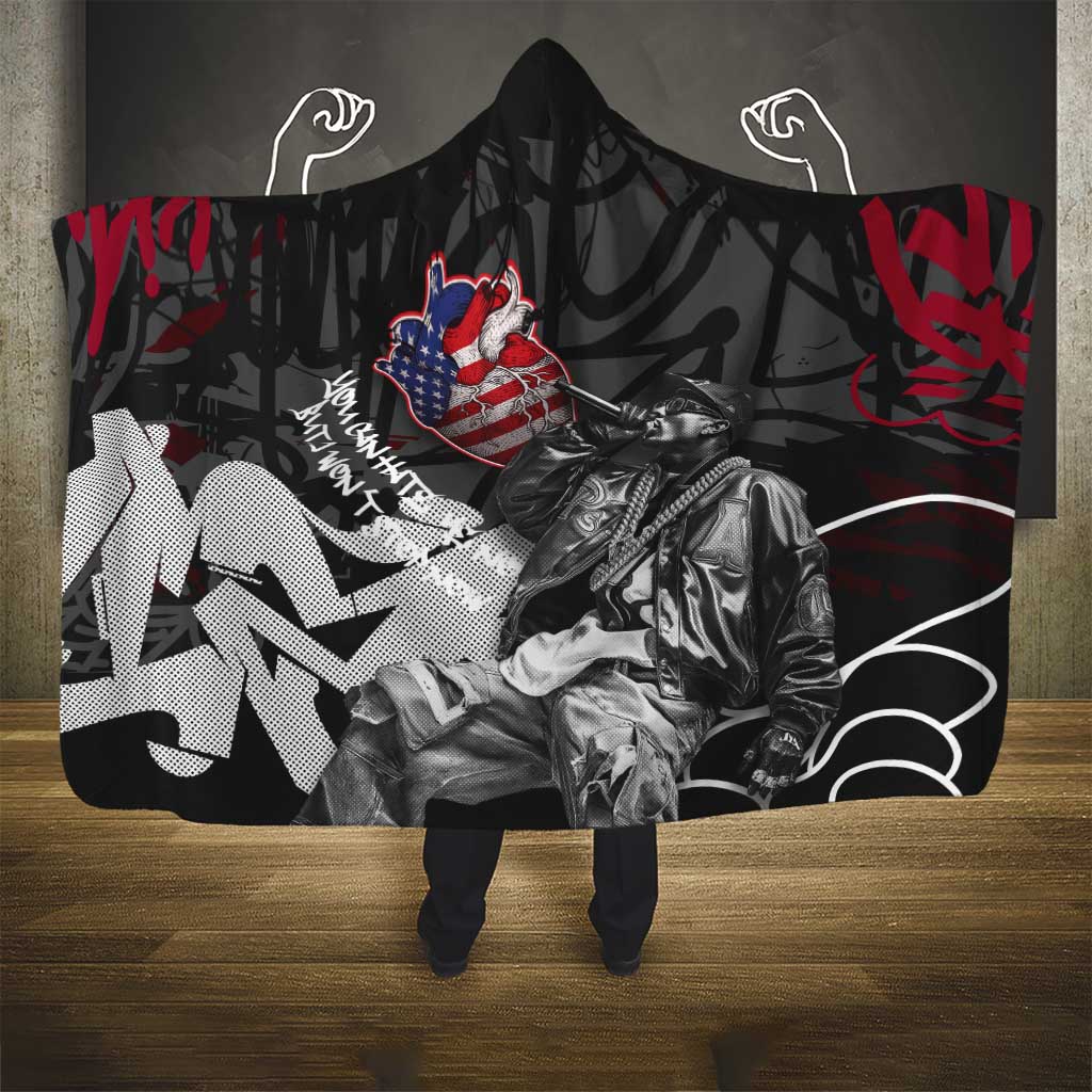 Hip Hop Graffiti Hooded Blanket with Rapper Portrait and American Flag Street Art - Wonder Print Shop
