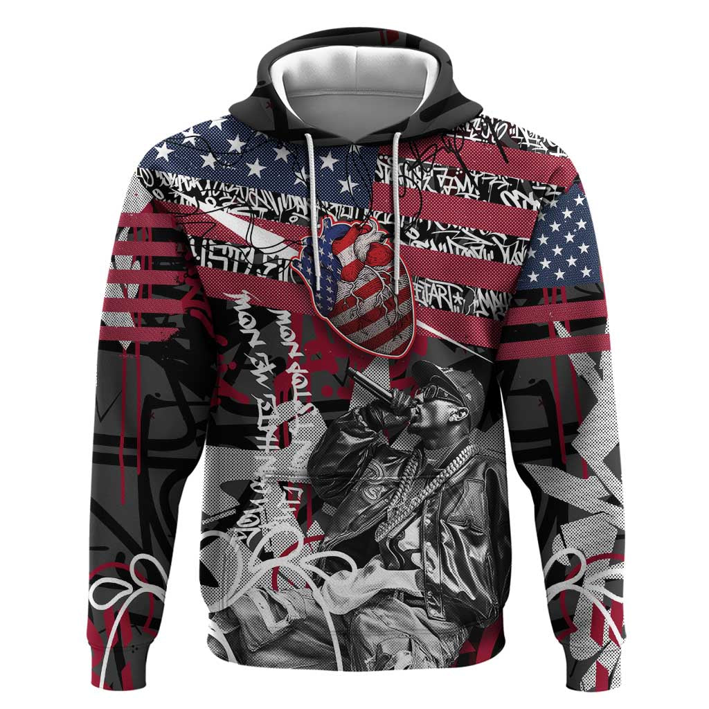 Hip Hop Graffiti Hoodie with Rapper Portrait and American Flag Street Art - Wonder Print Shop