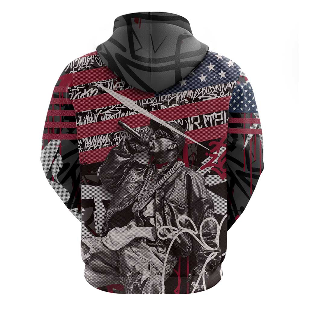Hip Hop Graffiti Hoodie with Rapper Portrait and American Flag Street Art - Wonder Print Shop