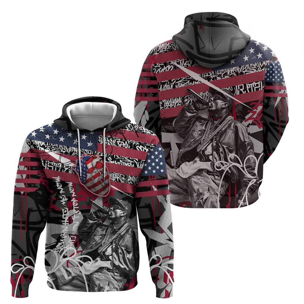 Hip Hop Graffiti Hoodie with Rapper Portrait and American Flag Street Art - Wonder Print Shop