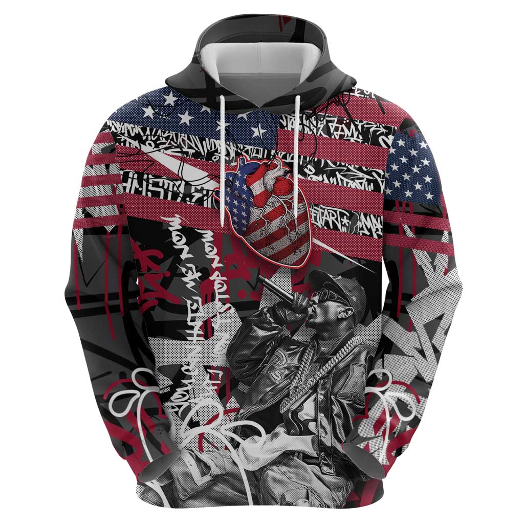 Hip Hop Graffiti Hoodie with Rapper Portrait and American Flag Street Art - Wonder Print Shop