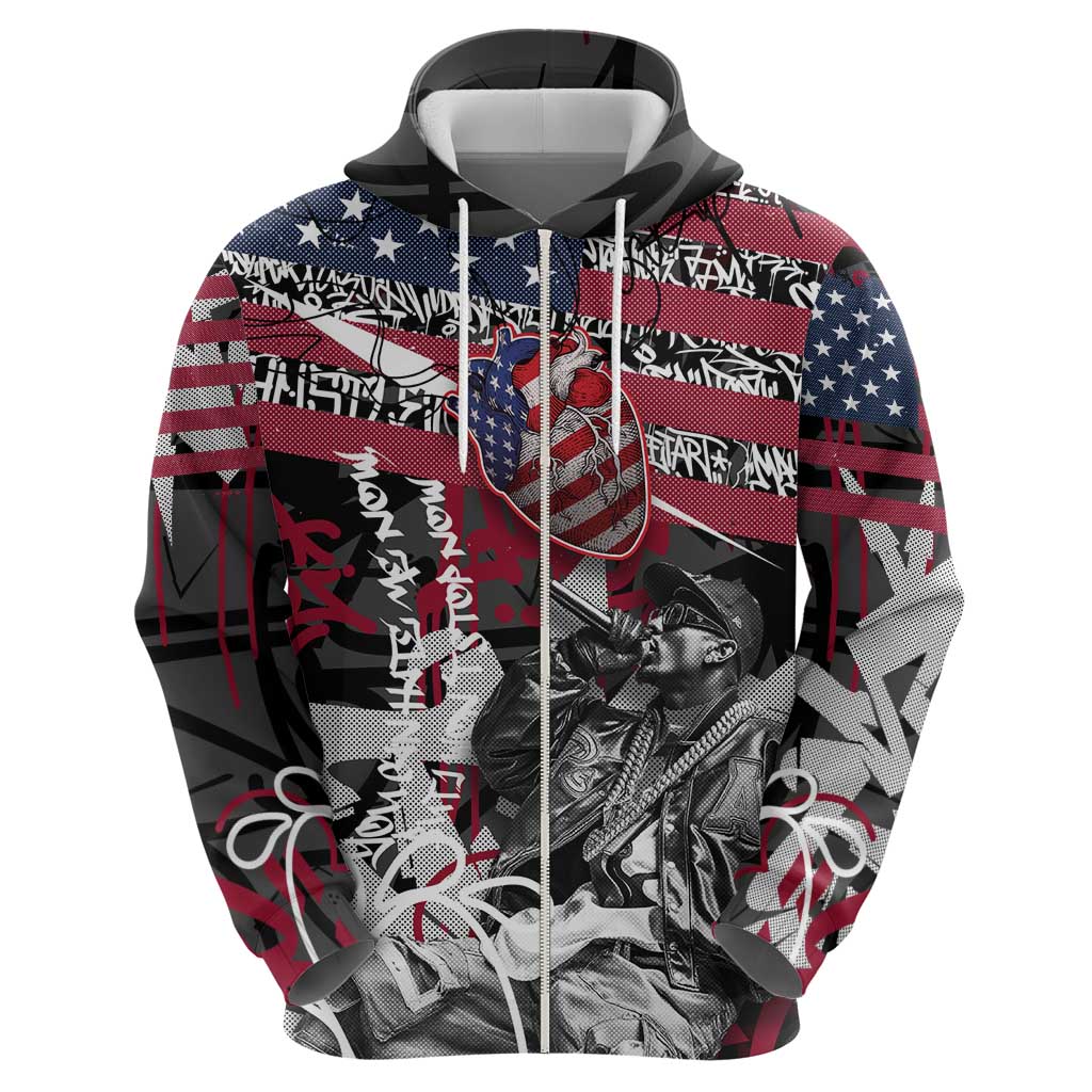 Hip Hop Graffiti Hoodie with Rapper Portrait and American Flag Street Art - Wonder Print Shop