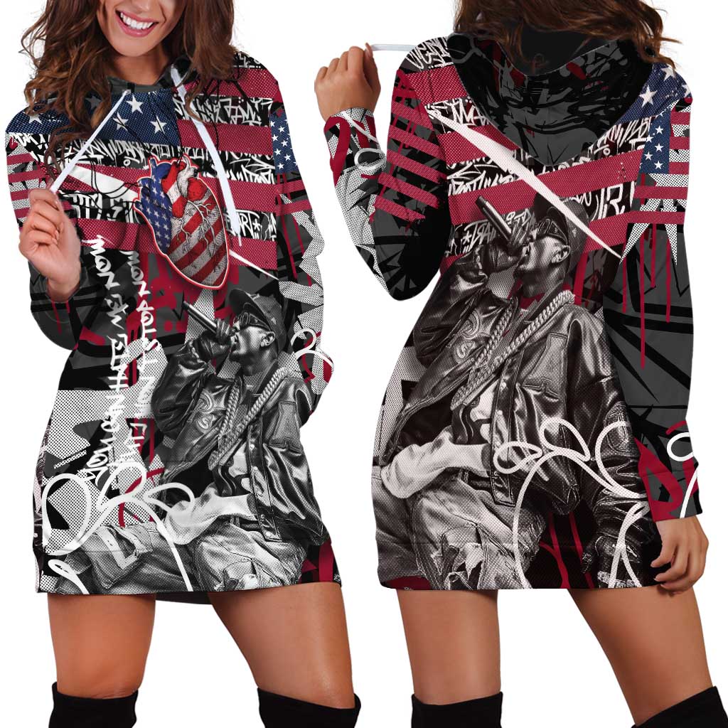 Hip Hop Graffiti Hoodie Dress with Rapper Portrait and American Flag Street Art - Wonder Print Shop