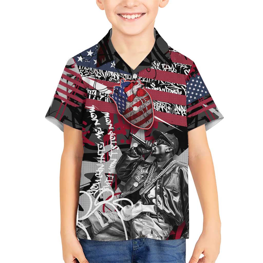 Hip Hop Graffiti Kid Hawaiian Shirt with Rapper Portrait and American Flag Street Art - Wonder Print Shop
