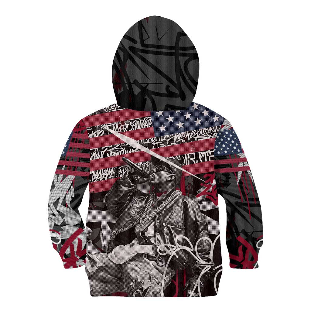Hip Hop Graffiti Kid Hoodie with Rapper Portrait and American Flag Street Art - Wonder Print Shop