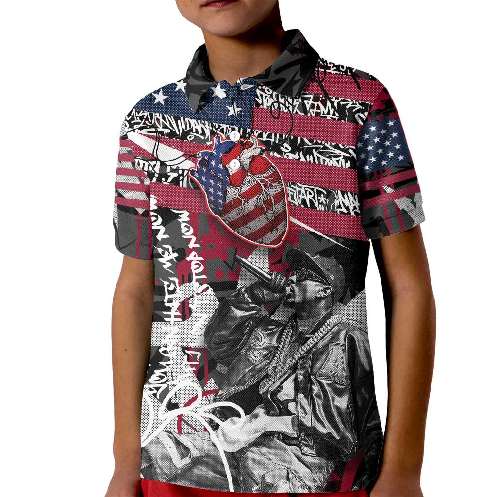 Hip Hop Graffiti Kid Polo Shirt with Rapper Portrait and American Flag Street Art - Wonder Print Shop