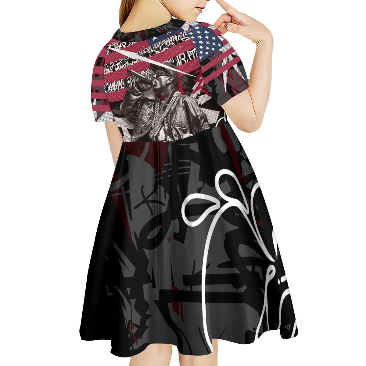 Hip Hop Graffiti Kid Short Sleeve Dress with Rapper Portrait and American Flag Street Art - Wonder Print Shop