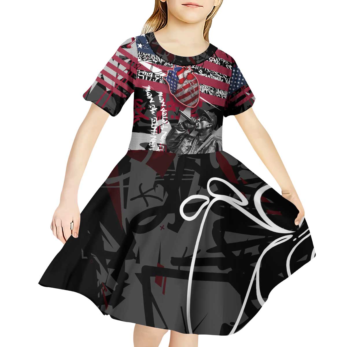 Hip Hop Graffiti Kid Short Sleeve Dress with Rapper Portrait and American Flag Street Art - Wonder Print Shop
