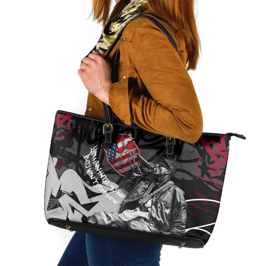 Hip Hop Graffiti Leather Tote Bag with Rapper Portrait and American Flag Street Art - Wonder Print Shop