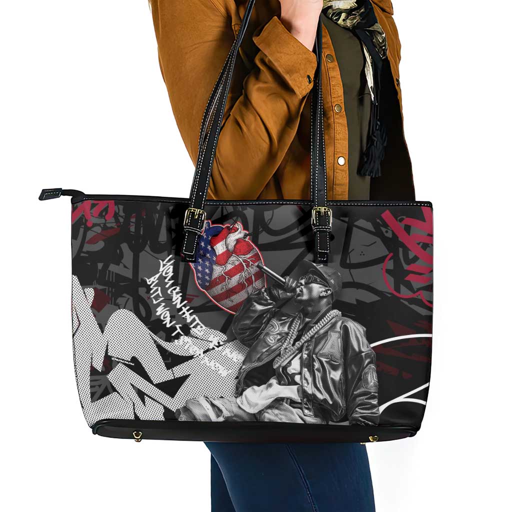Hip Hop Graffiti Leather Tote Bag with Rapper Portrait and American Flag Street Art - Wonder Print Shop