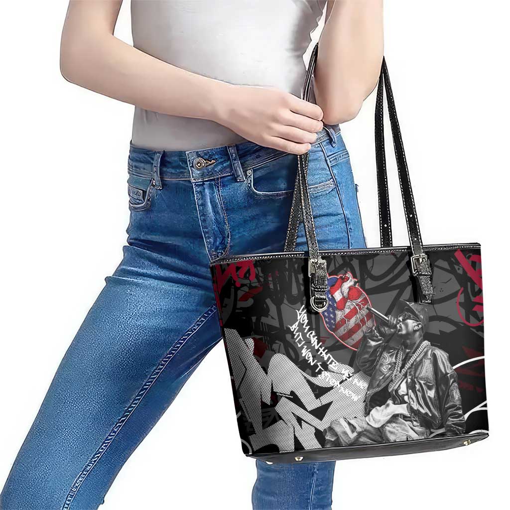Hip Hop Graffiti Leather Tote Bag with Rapper Portrait and American Flag Street Art - Wonder Print Shop