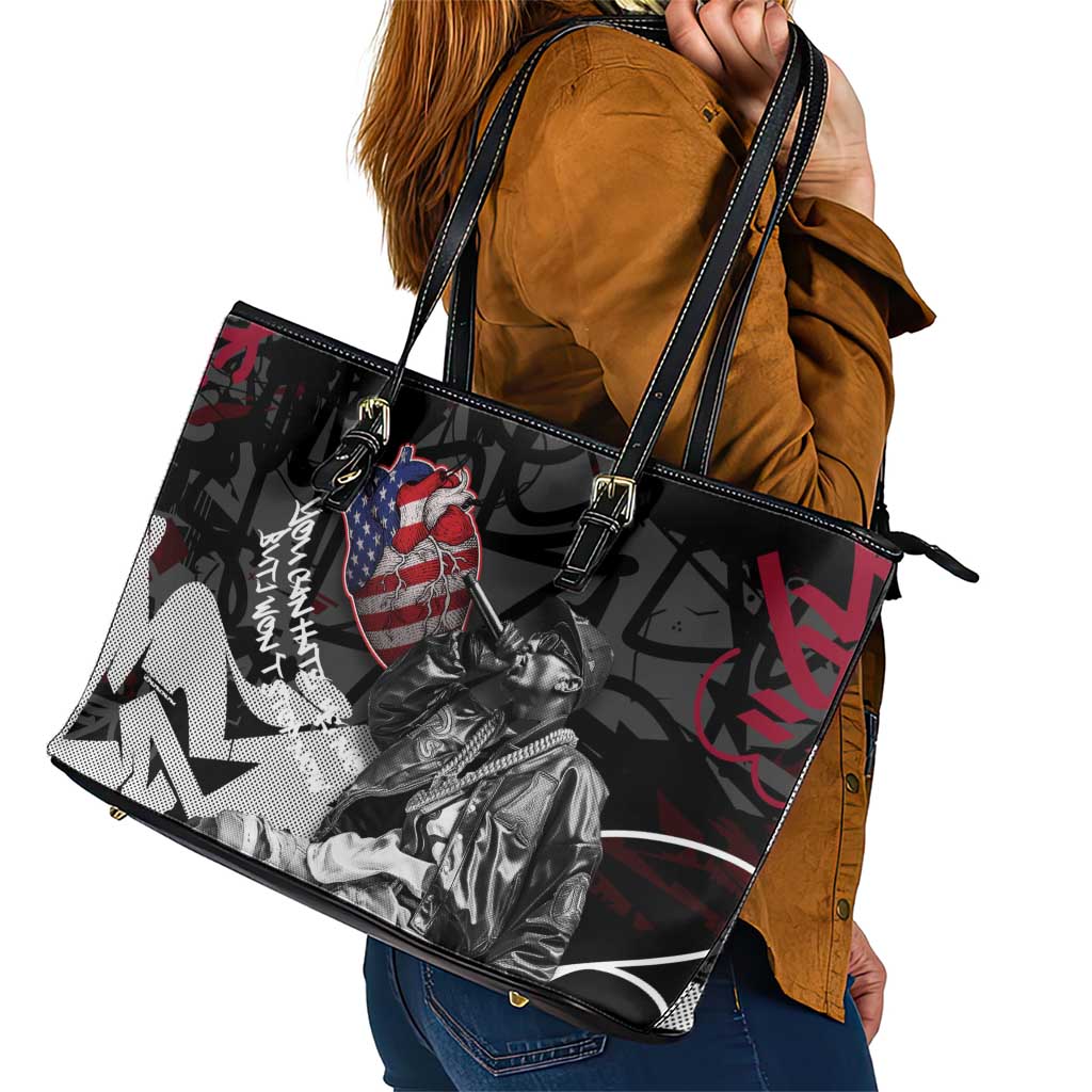 Hip Hop Graffiti Leather Tote Bag with Rapper Portrait and American Flag Street Art - Wonder Print Shop