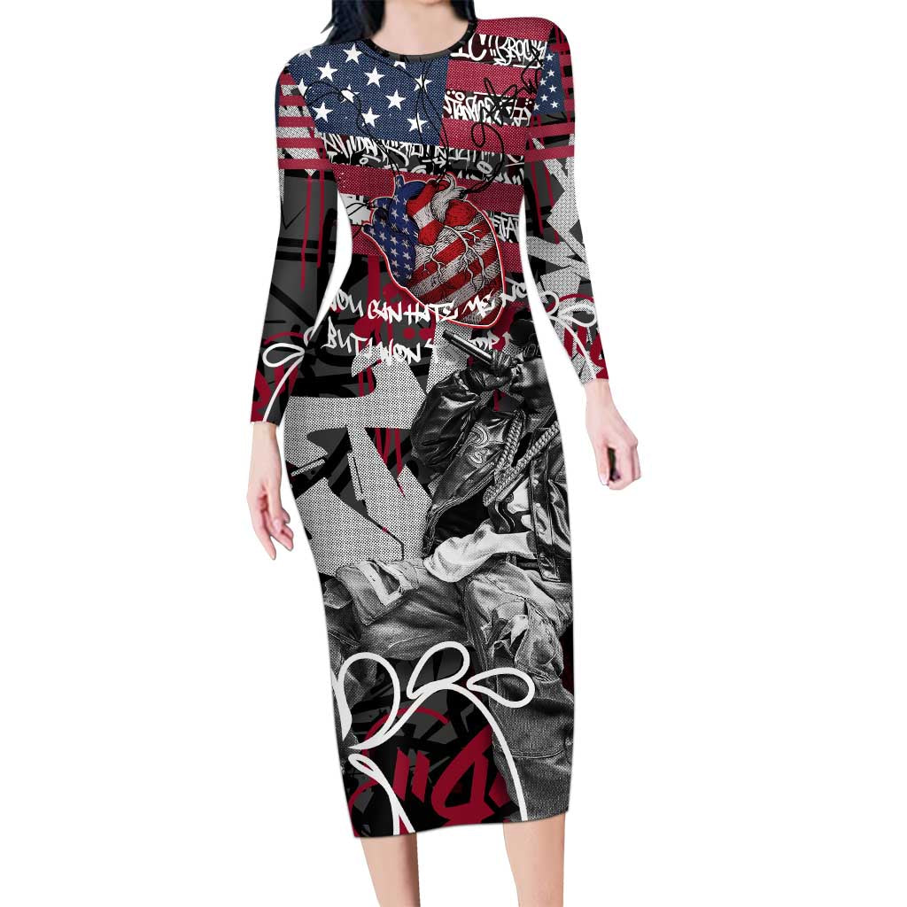 Hip Hop Graffiti Long Sleeve Bodycon Dress with Rapper Portrait and American Flag Street Art - Wonder Print Shop