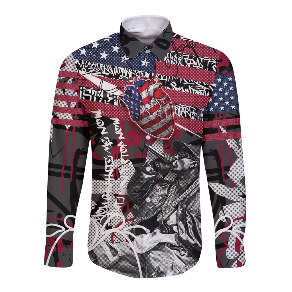 Hip Hop Graffiti Long Sleeve Button Shirt with Rapper Portrait and American Flag Street Art - Wonder Print Shop
