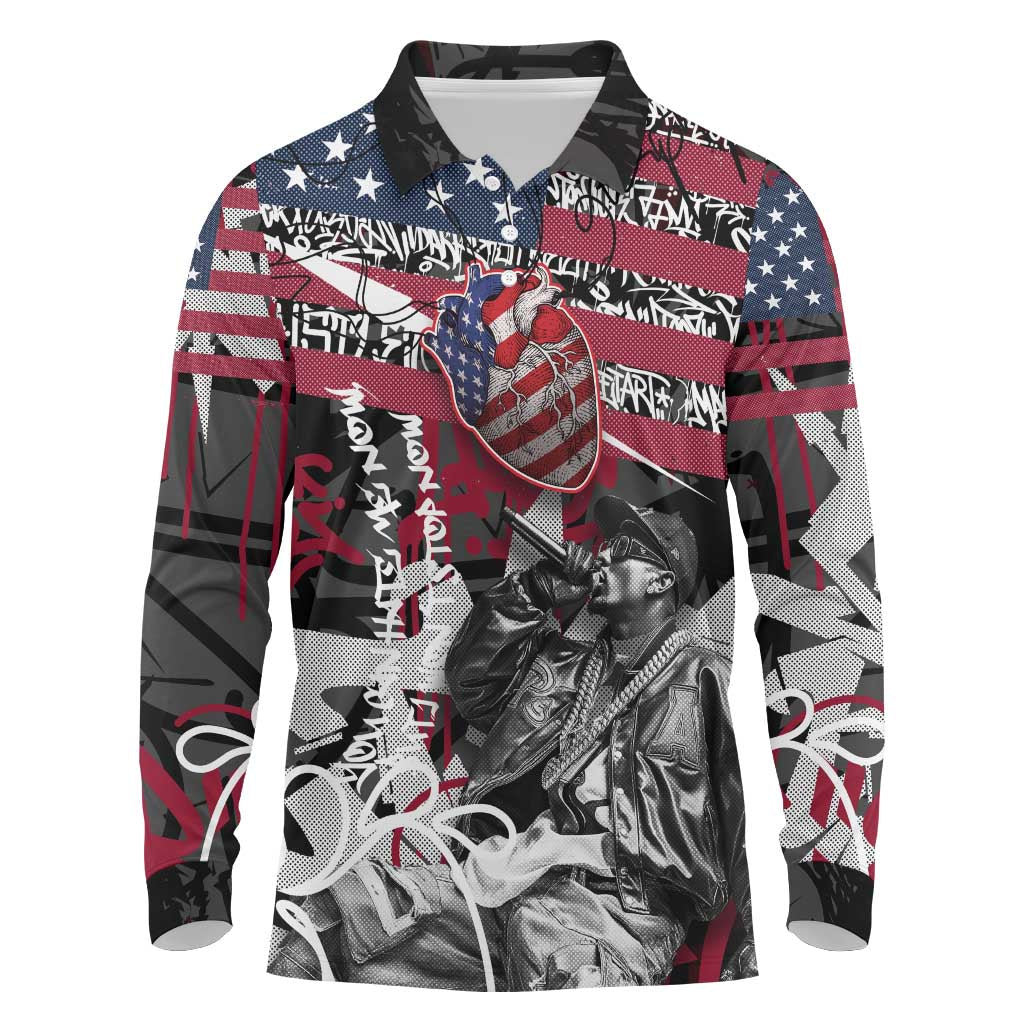 Hip Hop Graffiti Long Sleeve Polo Shirt with Rapper Portrait and American Flag Street Art - Wonder Print Shop